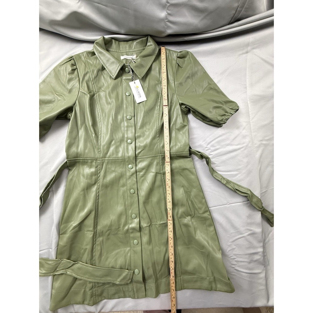 Ellison‎ Faux Leather Dress Sage Green Belted Puff Sleeve Quiet Luxury - Picture 13 of 16